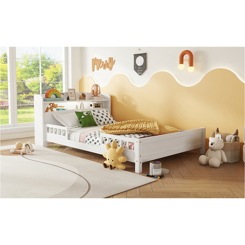 Lit en bois de pin avec tête de lit bibliothèque, Lit double, White