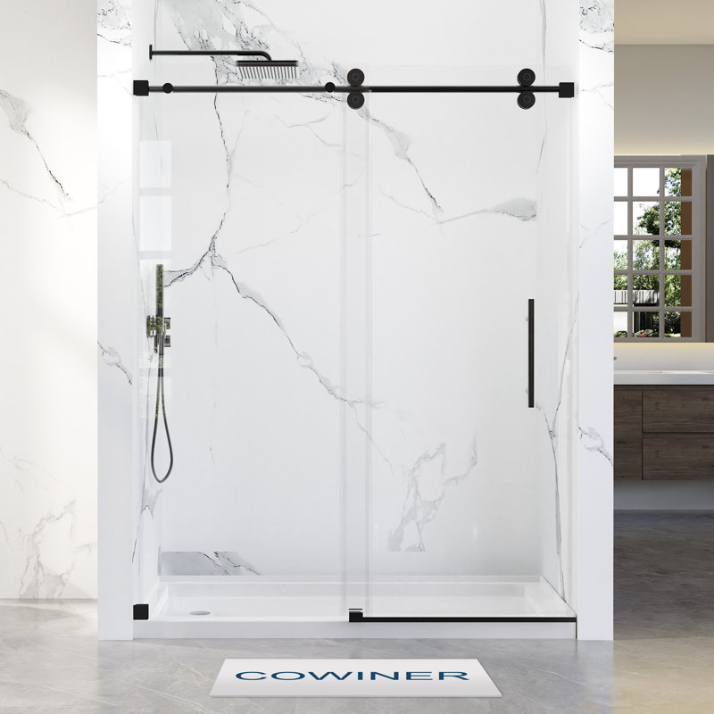 56-60 in. W x 76 in. H Single Sliding Frameless Shower Door in Matte Black with 3/8 in.（10mm）Clear Tempered Glass