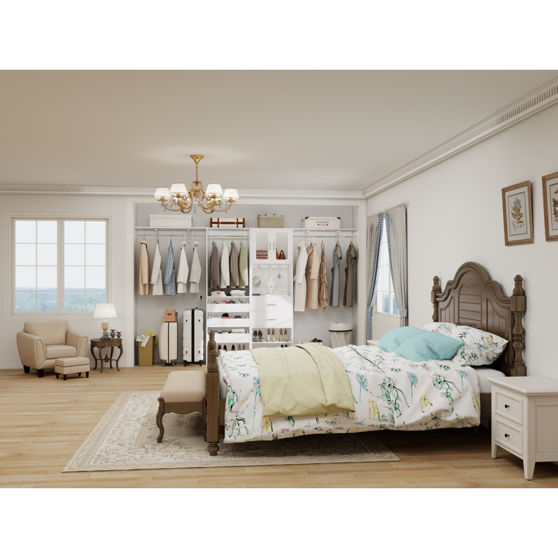 80"-120" Closet System With Door And Wooden Drawers(Adjustable Width), White