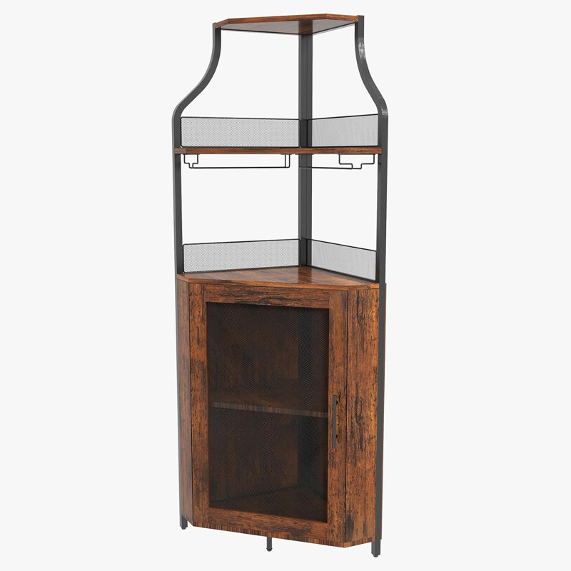 Bar de coin industriel avec porte-bouteilles en verre et à vin, tablettes réglables, portes en filet, lumière DEL, Brun
