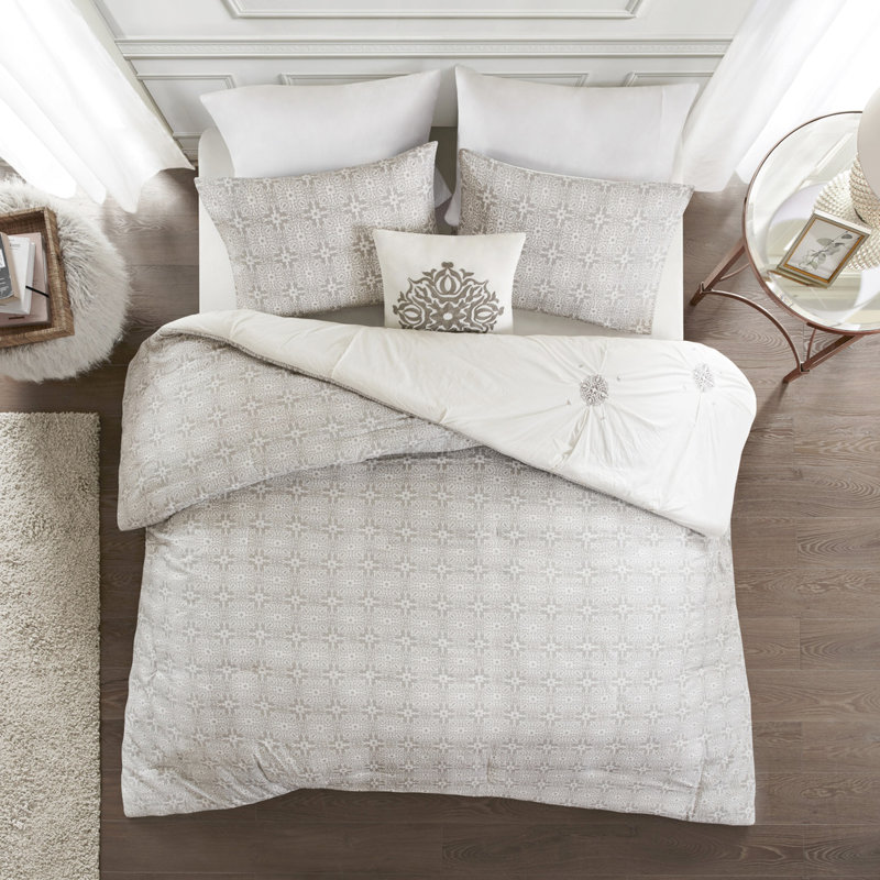 Très grand / très grand lit brodé, literie réversible, tissu de coton et gris, housse de couette 4 médaillons, coton, détail, revers imprimé, collection de literie douce