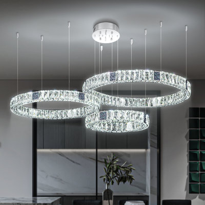 Sliver 3 Rings Crystal Chandelier Round Pendant Light Fixture for Foyer Living Room Bedroom D15.7''x D23.6''x D31.5''