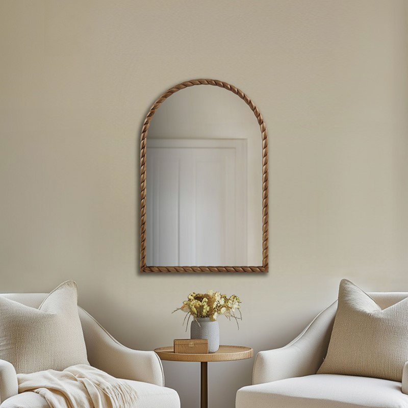 Miroir mural arqué avec cadre en bois d'hévéa tressé, Brown