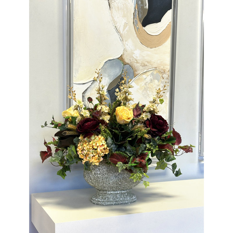 Delphinium, Roses And Hydrangea Arrangement In Gray Stone Planter