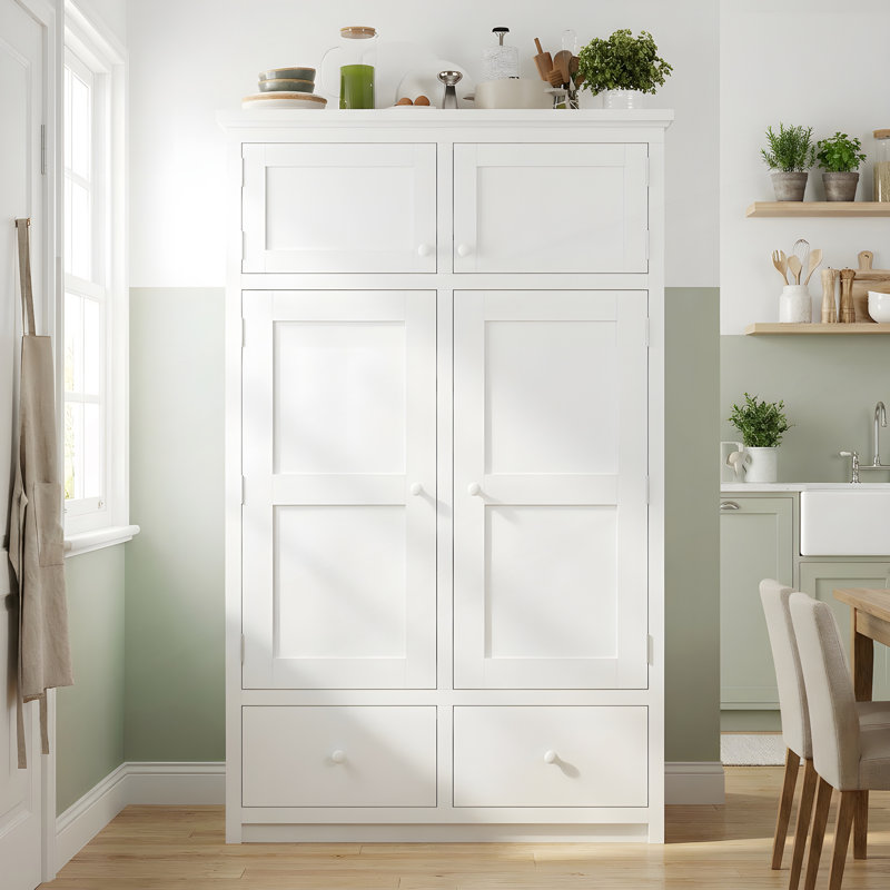 Garde-manger autoportant, armoire de rangement haute avec 8 tablettes de porte, 4 plateaux coulissants et 6 tiroirs, White