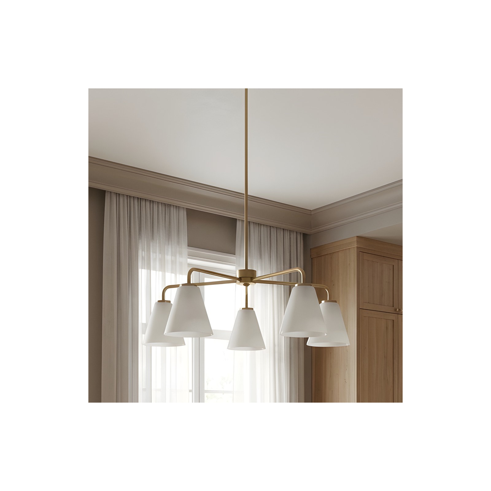 Hayden Five Light Chandelier, Satin Brass, White