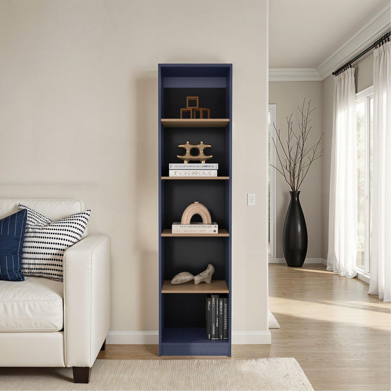 Bibliothèque bleue et naturelle en chêne avec rangement ouvert et 5 tablettes