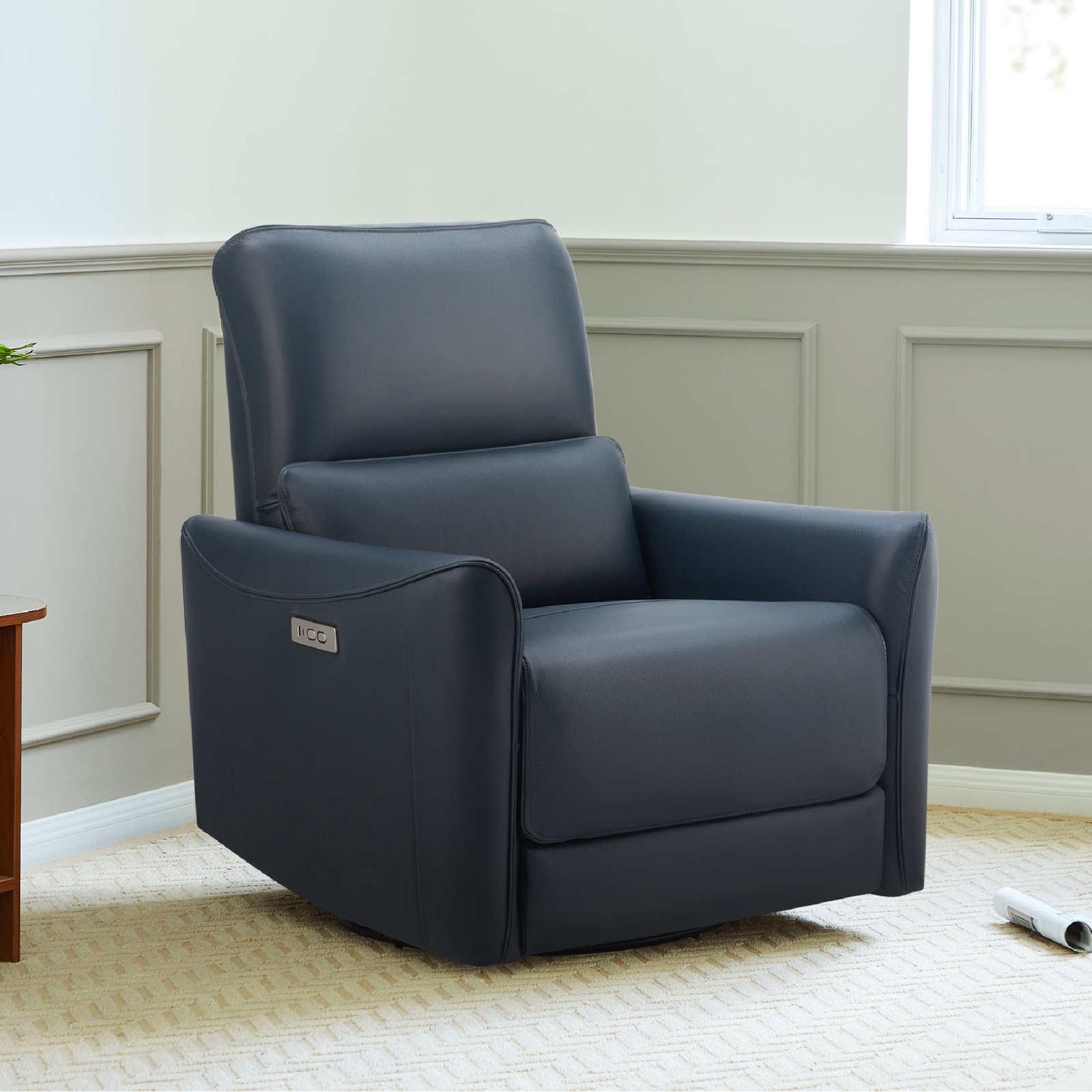 Santo 33" Genuine Leather Swivel Power Recliner, Impression Midnight Top Grain Leather