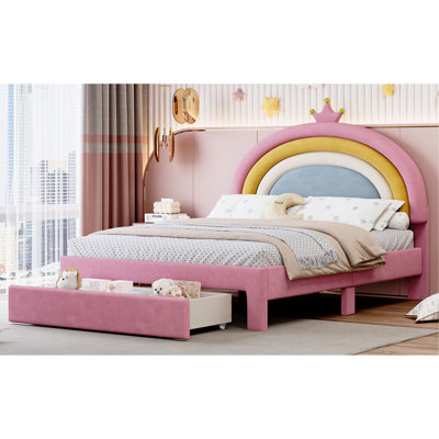 Full Size Upholstered Rainbow Design Bed, Velvet Princess Platform Bed with Storage Drawer, No Box-spring Needed,Colorful&Pink