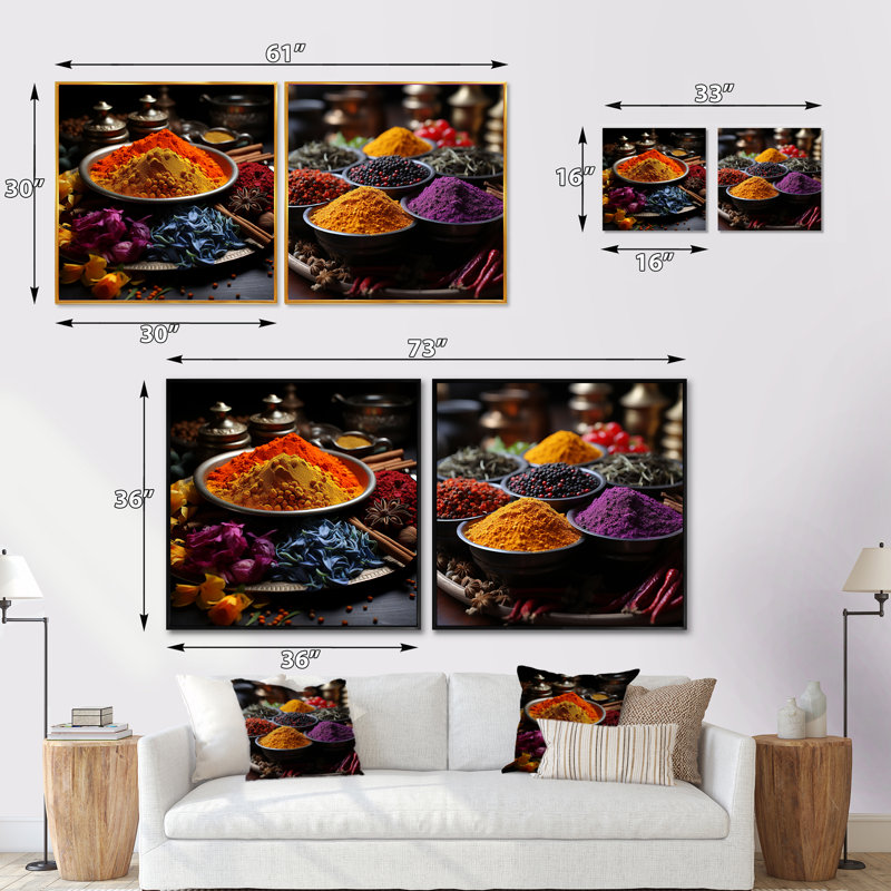 Arabian Spices Whimsical Flavors - Ensemble de 2 épices carrées, Cadre flottant noir, H 16 po x l 33 po