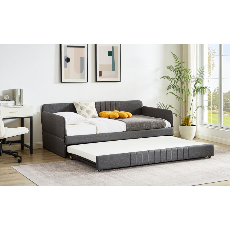 Lit de jour gris avec lit gigogne pour lit simple, structure en métal stable, lit simple, lit gigogne, fer paisible