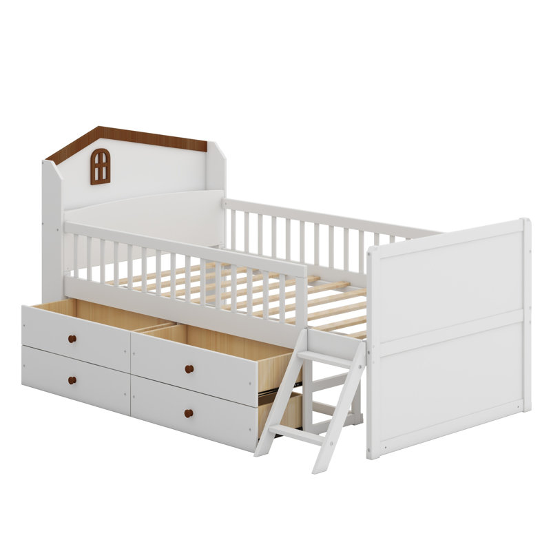 Structure de lit plateforme en bois avec tiroirs de rangement, lit plateforme avec tête de garde-corps et échelle, blanc