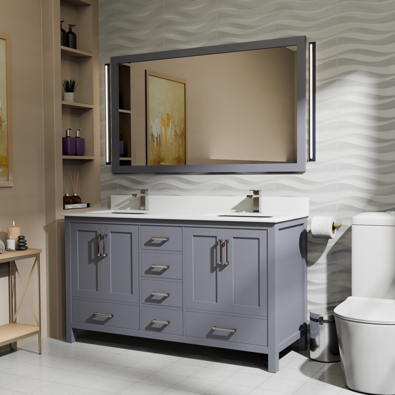 Jacques 60 in. W x 22 in. D Double Bath Vanity and Top, Dark Gray, White Carrara Marble