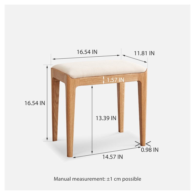 Tabouret de coiffeuse en bois massif - tabouret de chambre en chêne rouge avec siège rembourré blanc cassé, coiffeuse en bois naturel pour table de maquillage