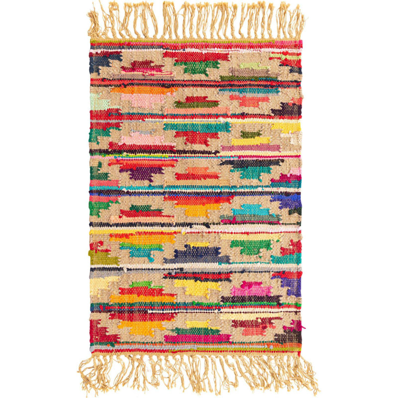 Tapis jaune / rouge / bleu en coton tissé à plat à la main Jephum, Rectangle 2 pi x 3 pi 1 po