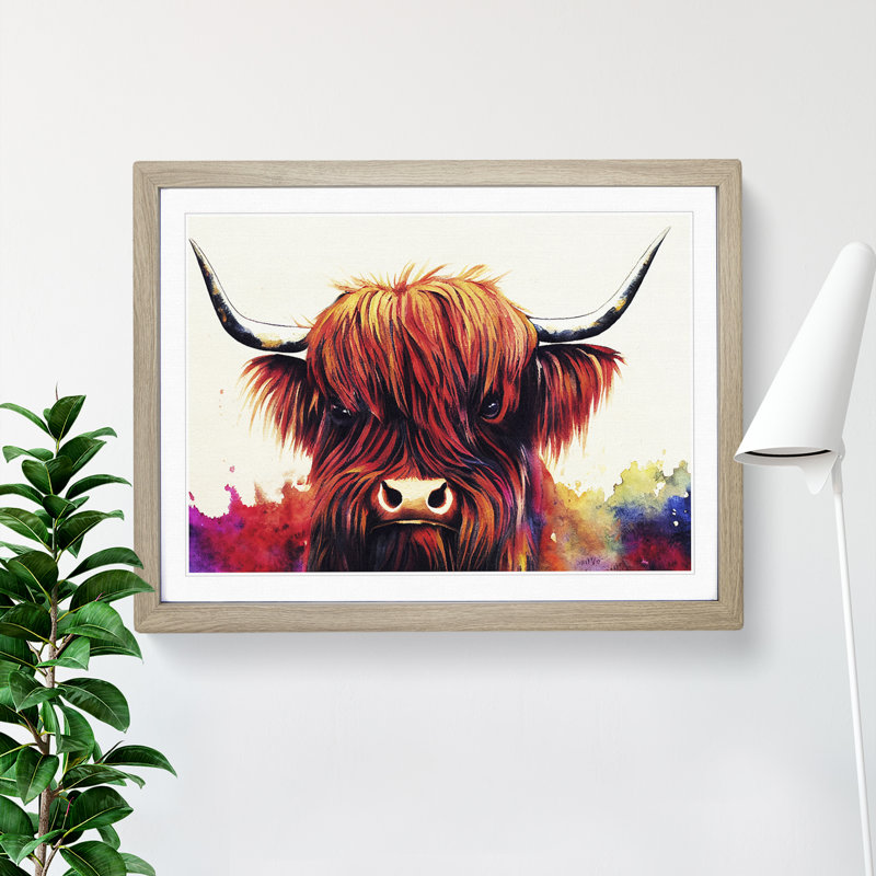Stunning Highland Cow - Single Picture Frame Print, 46cm H x 64cm W x 2cm D, Oak