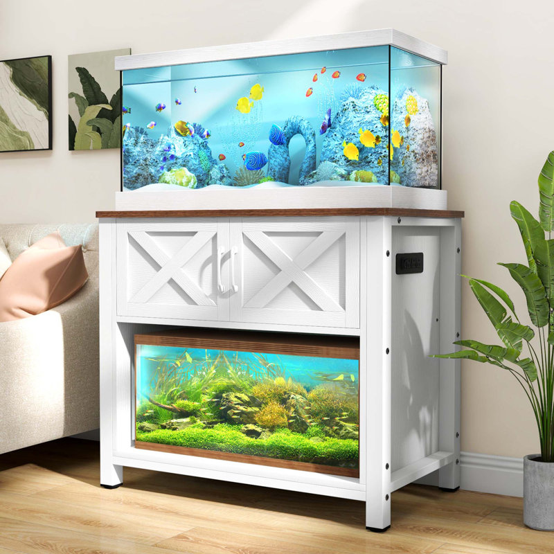 White Heavy Duty Metal Aquarium Stand with Storage Cabinet and LED Light