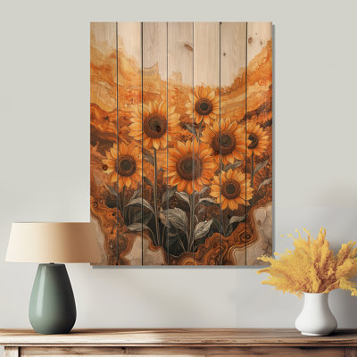 Autumn Sunflowers Field Into The Woods II - Sunflowers Wood Print - On Natural Pine Wood