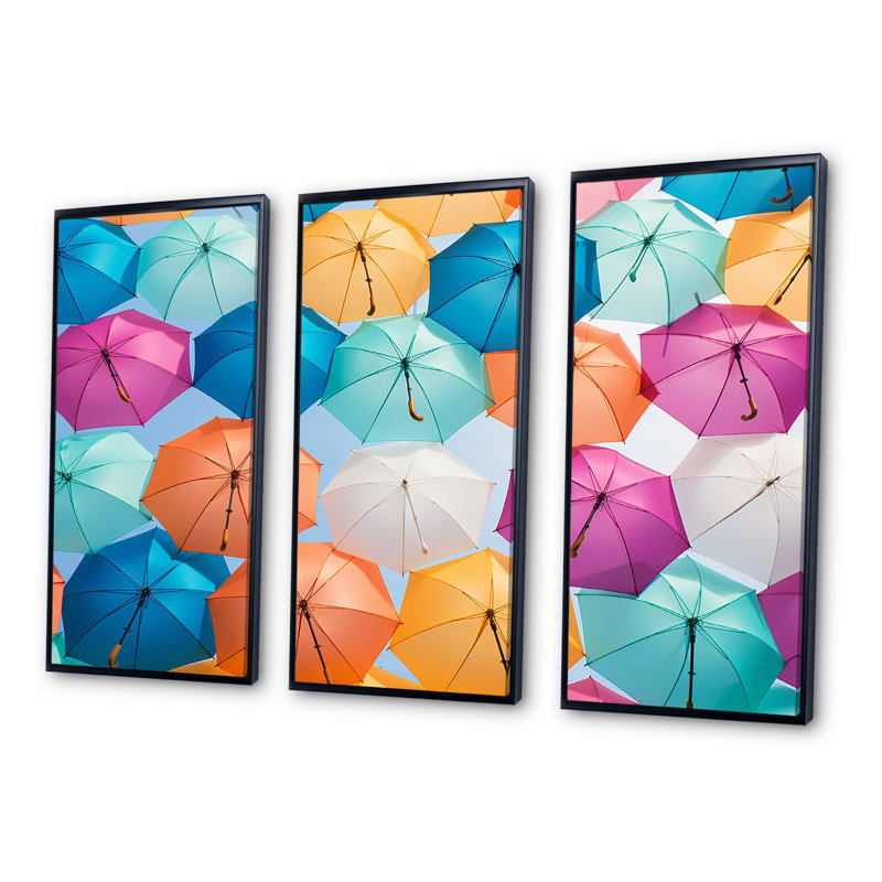 Multicolore parapluies photo moderne - ensemble d'art sur toile ciel, Cadre flottant noir, H 40 po x l 60 po x P 1 po
