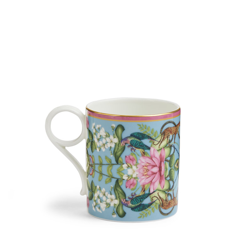 Small Blue Ceramic Mug with Animal and Floral Print
