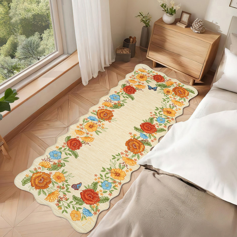 Floral Runner Rug 2x6 Washable Runner Modern Scalloped Runner Yellow Runner Hallway Runner with Non Slip Backing, Low Pile Thin Runner, Indoor Foldable Printed Rug for Entryway Bathroom