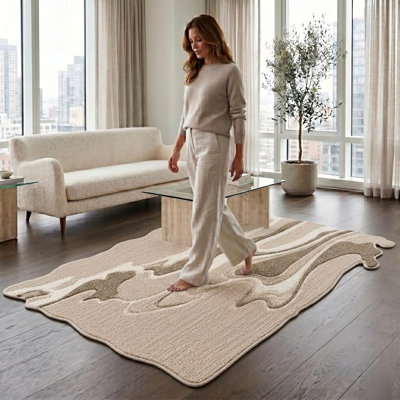 Tapis de forme abstraite tufté à la main en laine biologique, beige taupe, 9,7 x 14