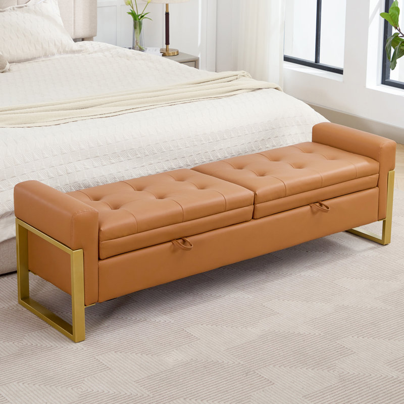 66'W Faux Leather Storage Bench for End of Bed Bedroom King Size with Arm and Metal Gold Legs, Brown