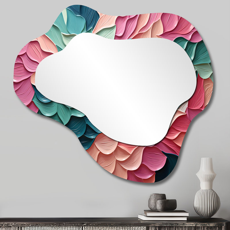 Vashu Pink and Green Florals in motion - Pink Cloud Decorative Mirror, Modern Asymmetrical Wall Mirror, Printed Metal Art