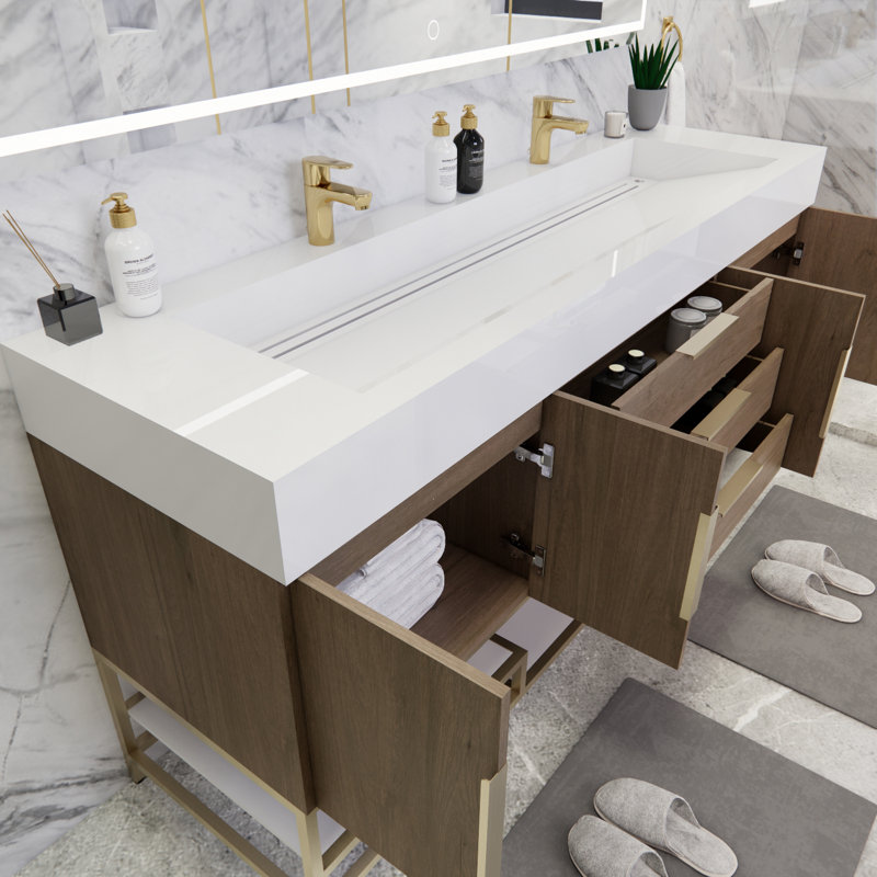 Ensemble de meuble-lavabo double 72 po Glasgow, Blanc lustré, Chêne clair