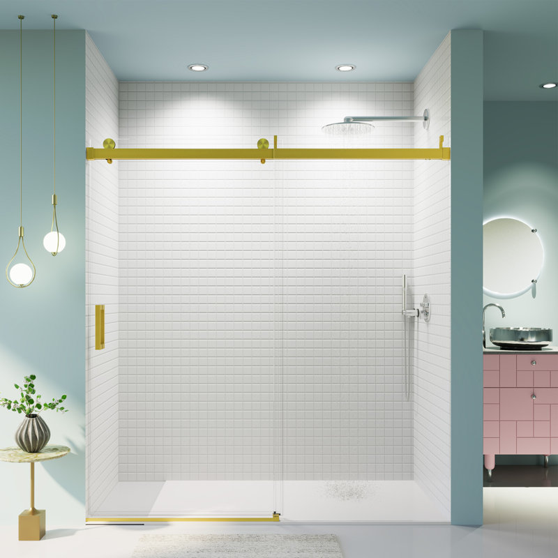 Finn 68–72'' W x 76'' H Frameless Single Sliding Shower Door with Soft-Close, Gold