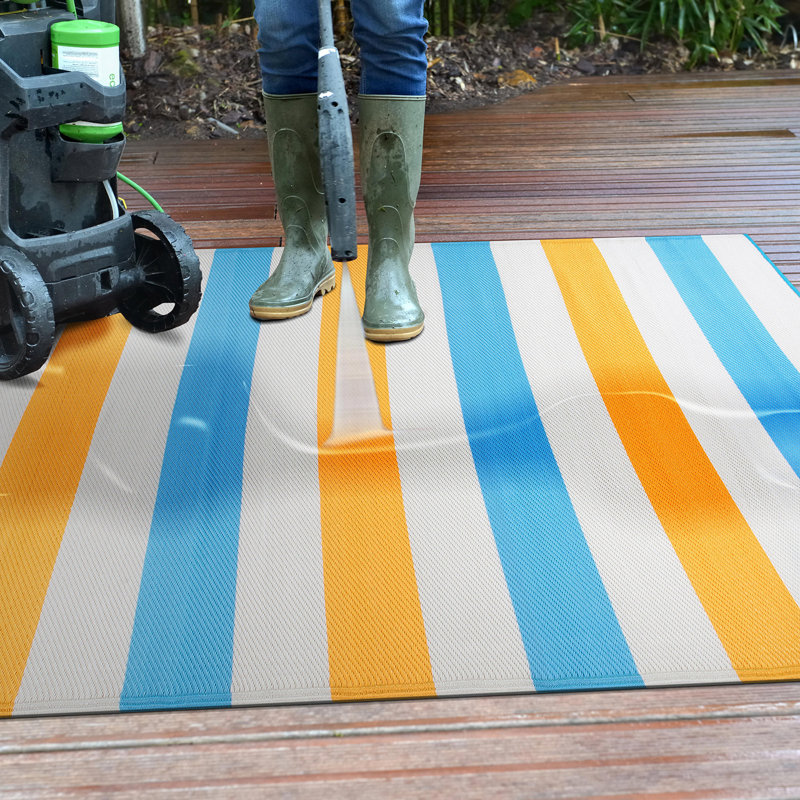 Andalyn Striped Yellow/Blue/White Reversible Indoor/Outdoor Area Rug, Rectangle 7'10" x 10'