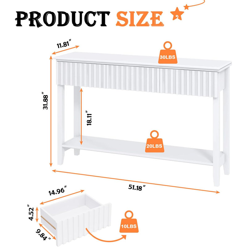 51.18" Console Table With 3 Drawers And Open Storage Shelf, White