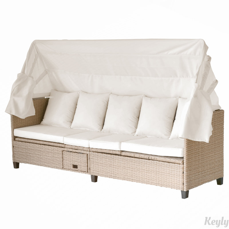 4 Piece UV-Proof Resin Wicker Patio Sofa Set with Retractable Canopy, Beige