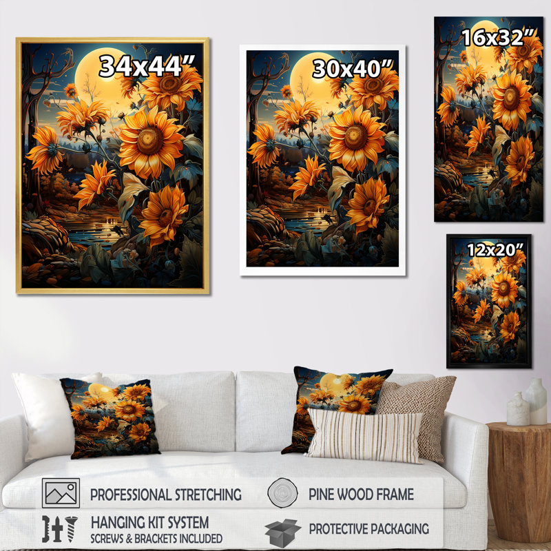 Tournesols enchantés I, H 32 po x l 24 po x P 1 po, Toile tendue