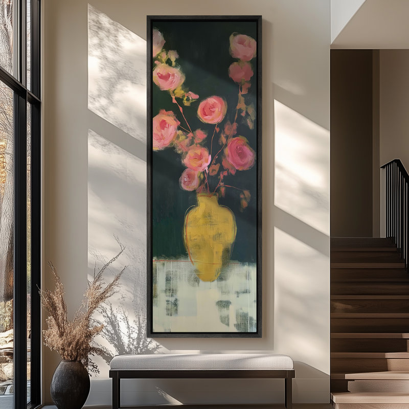«Pink Blossoms in Vase Floral Still Life», reproduction d'art sur toile encadrée, H 60 po x l 20 po x P 1,5 po, Noir