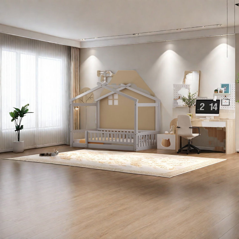 Modern Twin Size Wood Beds, Sturdy Playhouse Frame With Roof And Fence For Kids