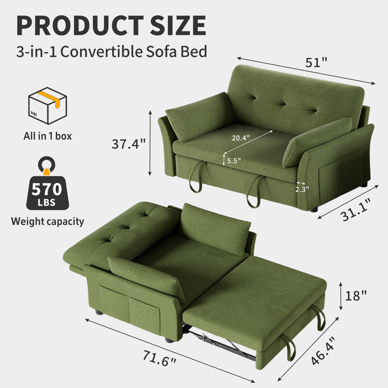 3-in-1 Convertible Sleeper Sofa Bed — Your Space, Transformed, Green