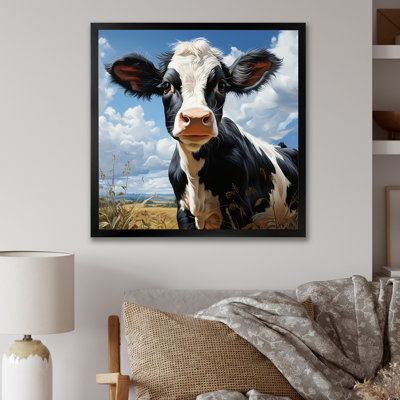 Vache noire et blanche broutant les prés I - art mural animal de vache