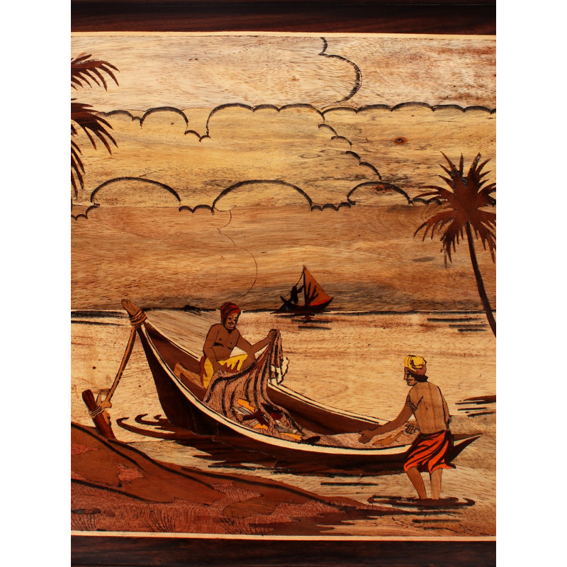 Pêcheur sur le bateau 19 po | Panneau en bois de rose avec incrustations