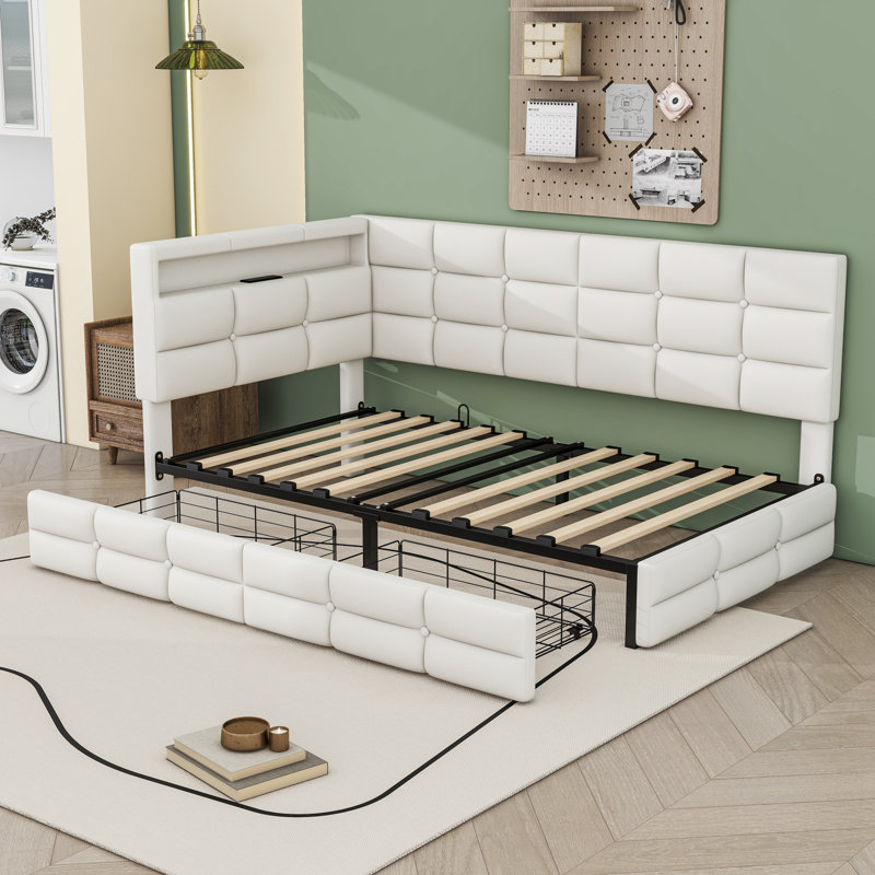 Twin Linen Upholstered Daybed with Built-in Charging Station, LED Lighting and Storage Drawers, Beige