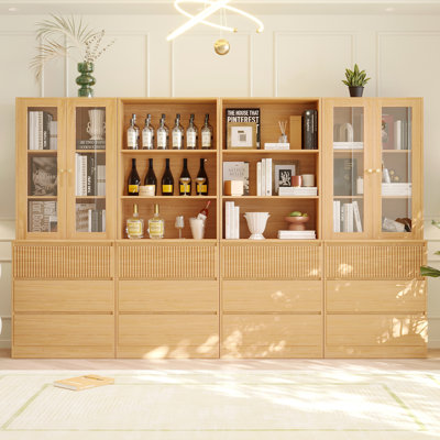 71" H X 94.5" W Bookcase Cabinet With Tempered Glass Doors & Large Storage Drawers (2B+2D)