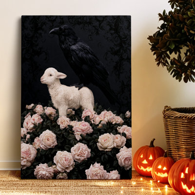 Gothic Vintage Raven Lamb Rose Canvas Wall Art Graphic Print 30x20 Inch - Living Room Decor
