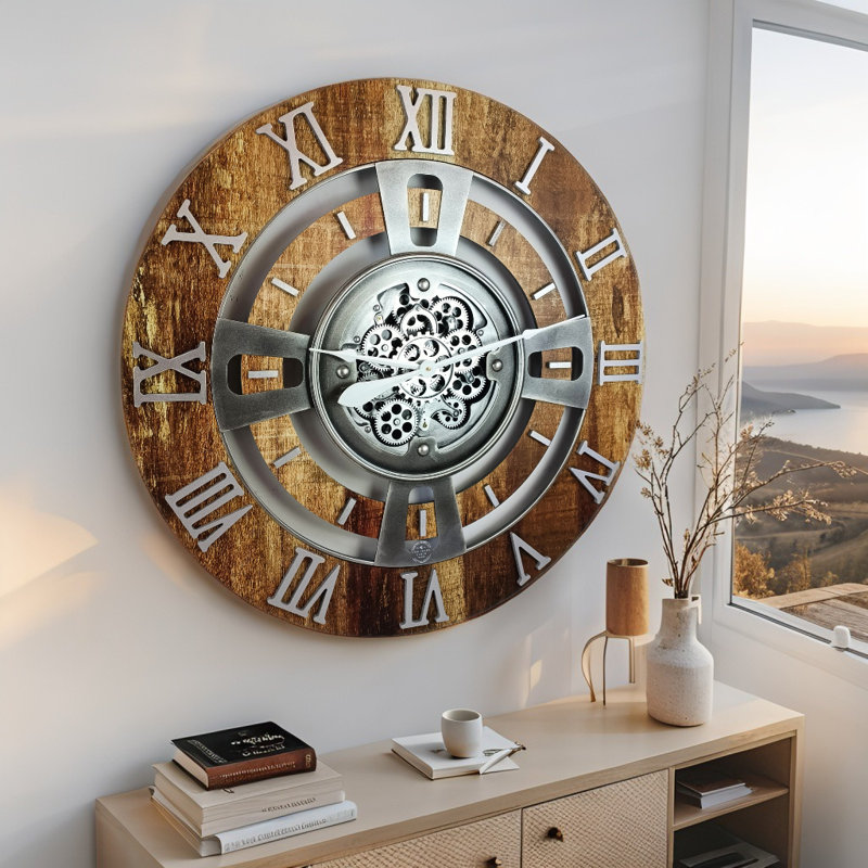 Solid Wood Wall Clock, Oversize 91.4cm, Vintage Brown