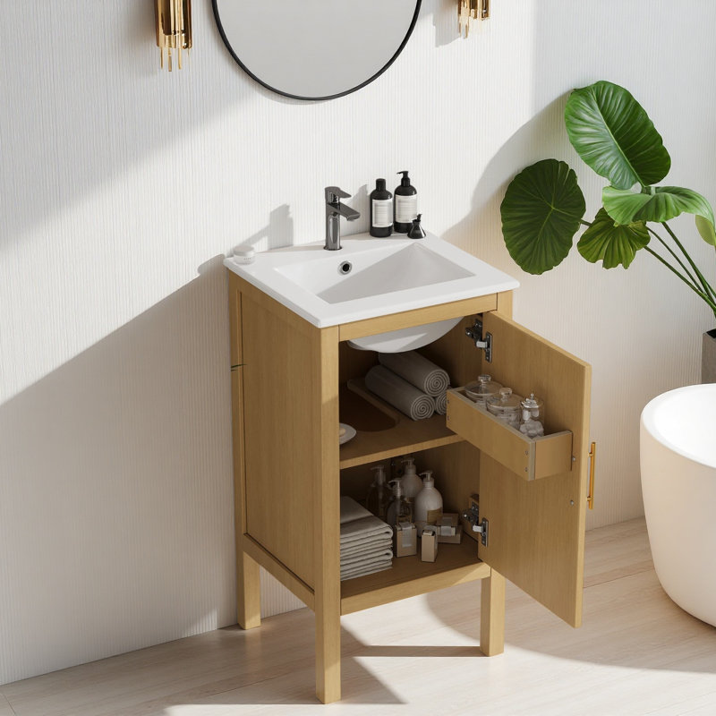 Modern Fluted Wooden Bathroom Vanity with Ceramic Sink, Freestanding Single Door Storage Cabinet for Small Bathroom