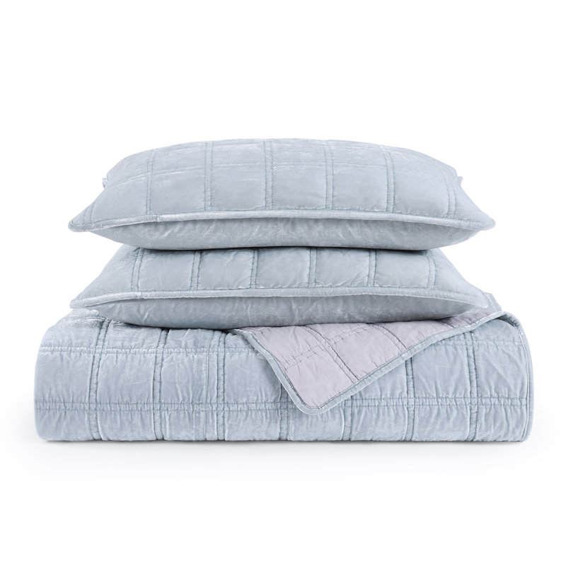 Stella Faux Silk Double Box Stitch Classic Chic Casual Modern Rustic Quilt Set, Queen Quilt + 2 Standard Pillowcases