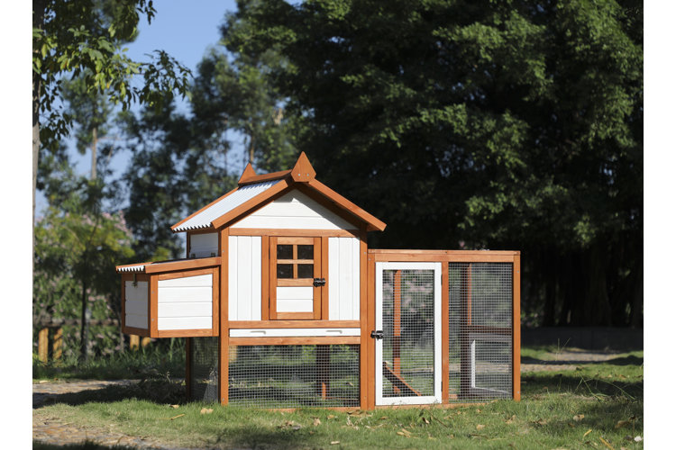 White and brown wood chicken coop with a run underneath and beside it