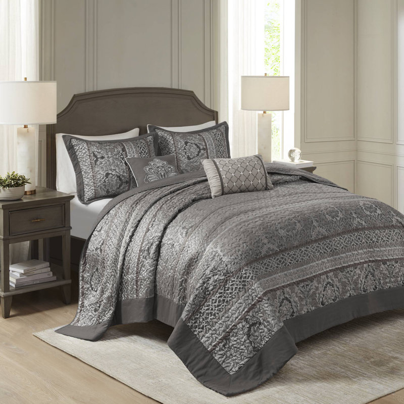 Bellagio Grey Reversible Jacquared 5-Piece King Coverlet Set, King Coverlet + 4 Additional Pieces, Gray