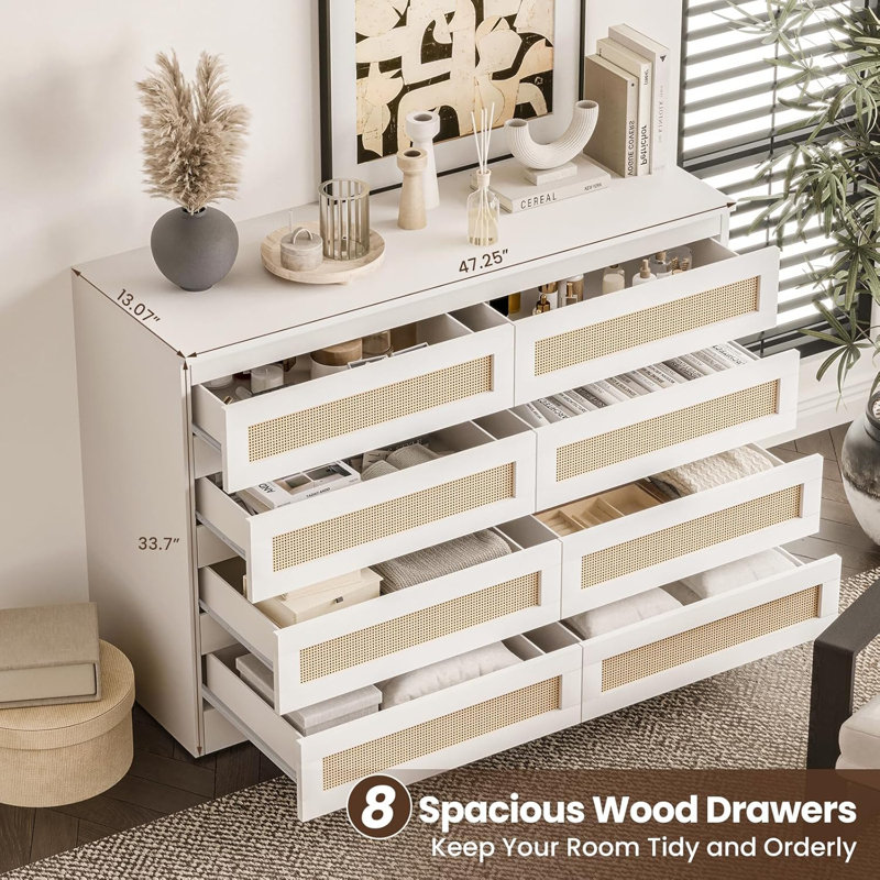 Commode de chambre blanche 8 tiroirs, Blanc / Brun
