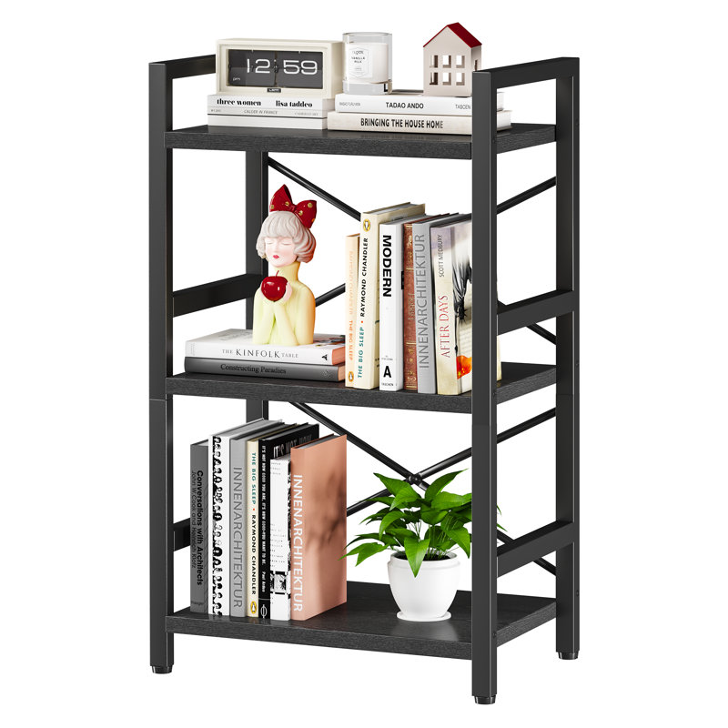 3 Tier Bookshelf, 3 Tier Industrial Bookcase, Metal Small Bookcase, Rustic Etagere Book Shelf Storage Organizer for Living Room, Bedroom, and Home Office(Rustic Brown)