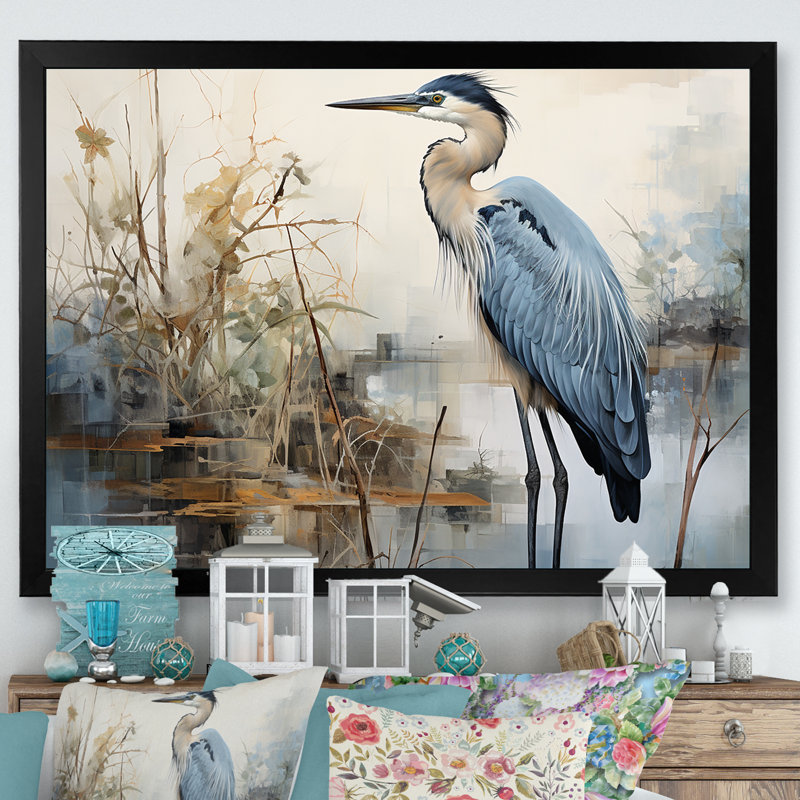 Blue Great Heron In Miminal Harmony II On Canvas Print, 34" H x 44" W x 1.5" D, Black Single Picture Framed
